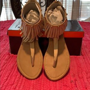 Beige fringe ankle zip sandals